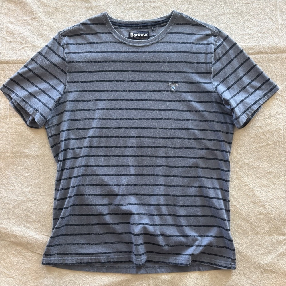 Barbour T Shirt Mens Large Blue Gray Striped Tailored Fit Short Sleeve Cotton